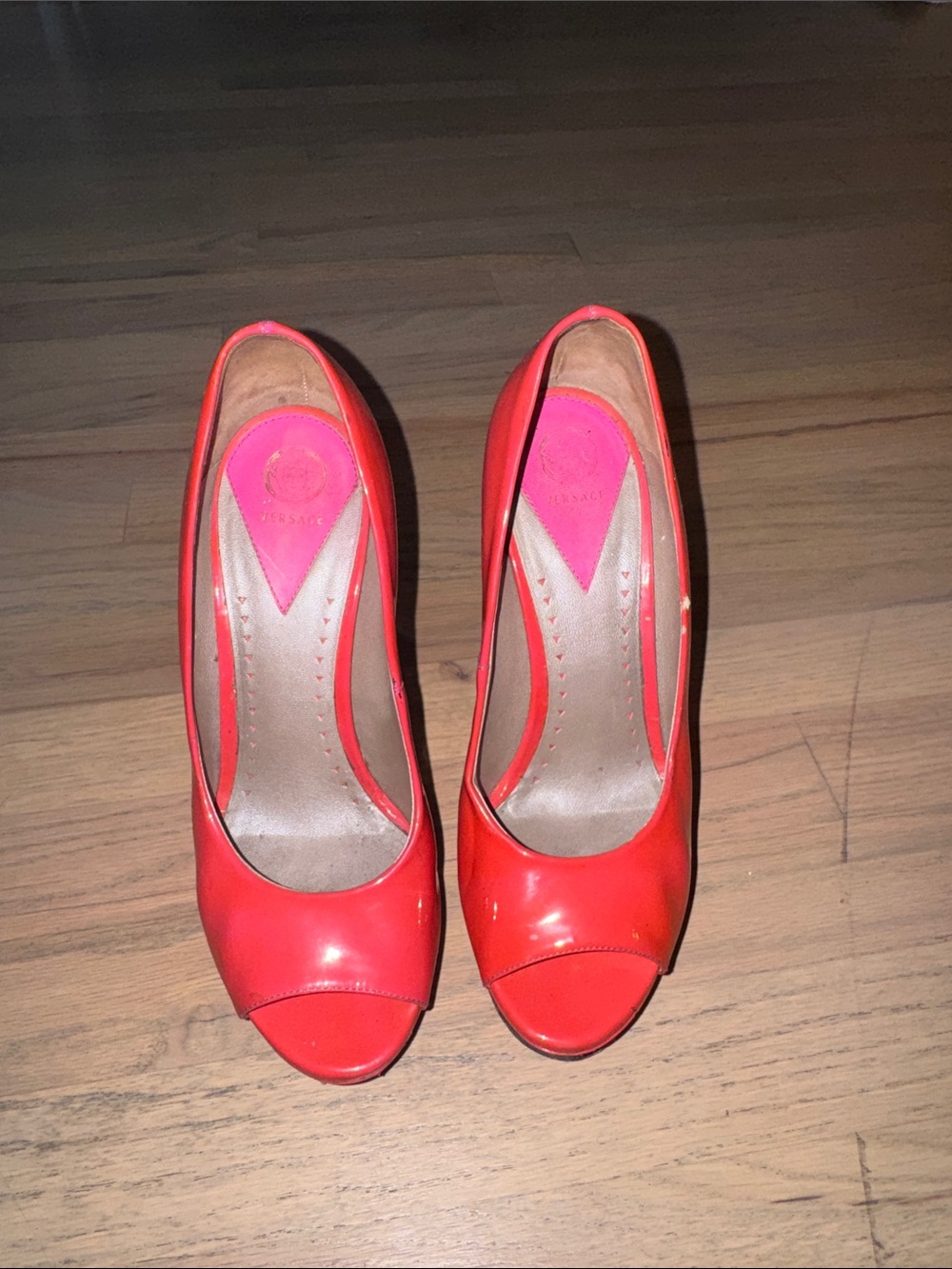 Versace Coral Red Patent Peep-Toe Heels
